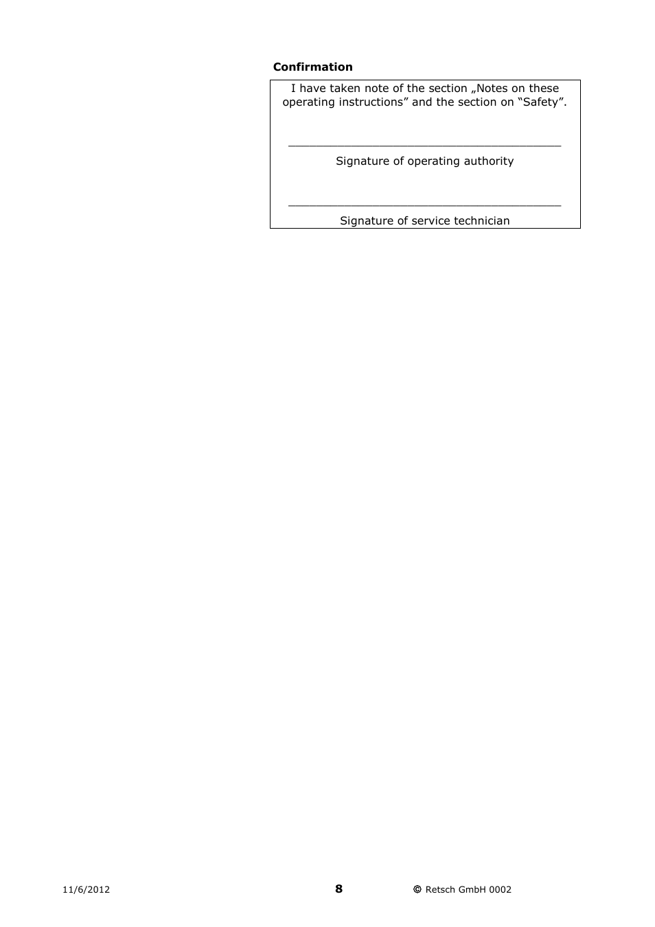 Confirmation | Retsch RM 200 User Manual | Page 8 / 36