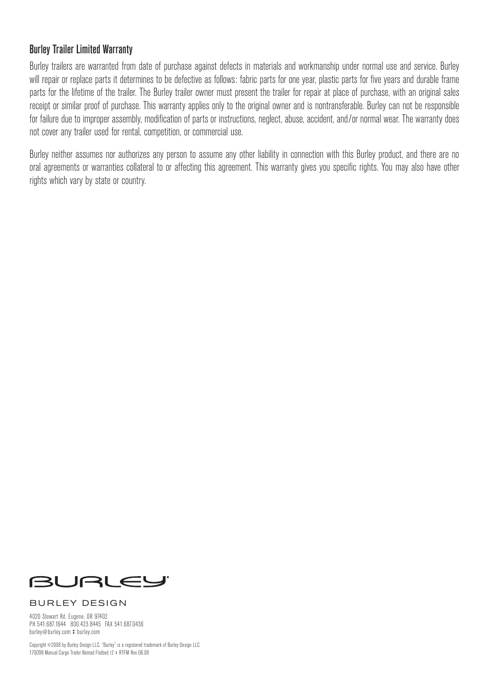 Burley trailer limited warranty | Burley Cargo User Manual | Page 12 / 12