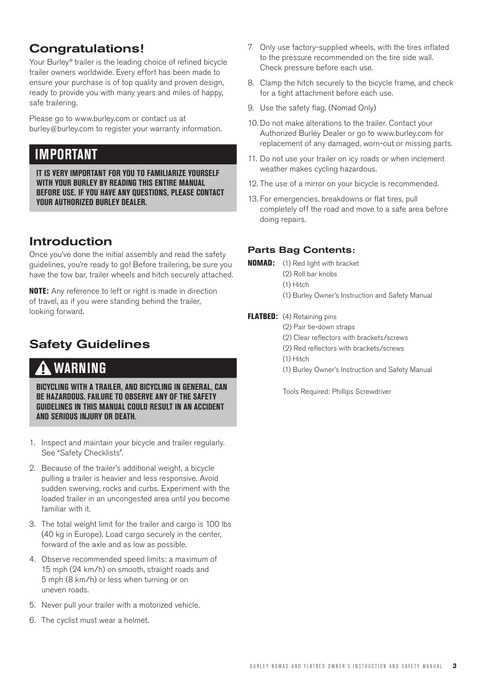 Important, Warning, Introduction | Safety guidelines | Burley Cargo User Manual | Page 3 / 12