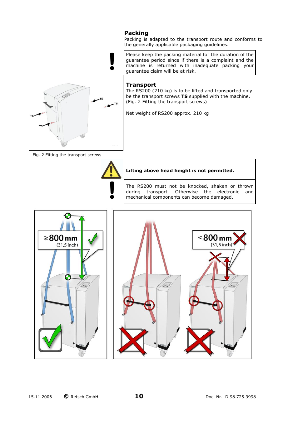 Transport and installation, Packing, Transport | Temperature variations | Retsch RS 200 User Manual | Page 10 / 32