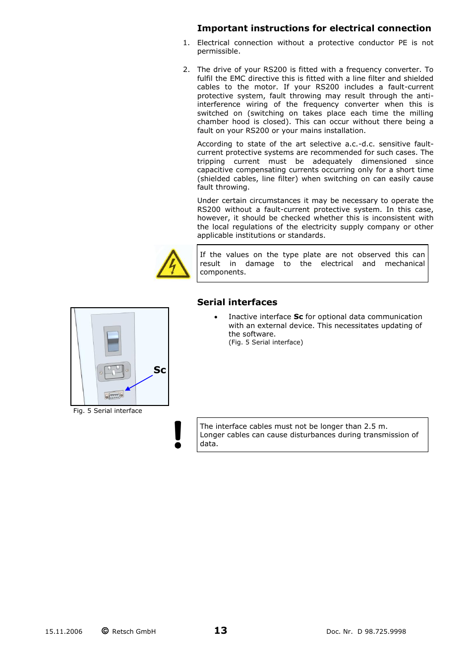 Important instructions for electrical connection, Serial interfaces | Retsch RS 200 User Manual | Page 13 / 32