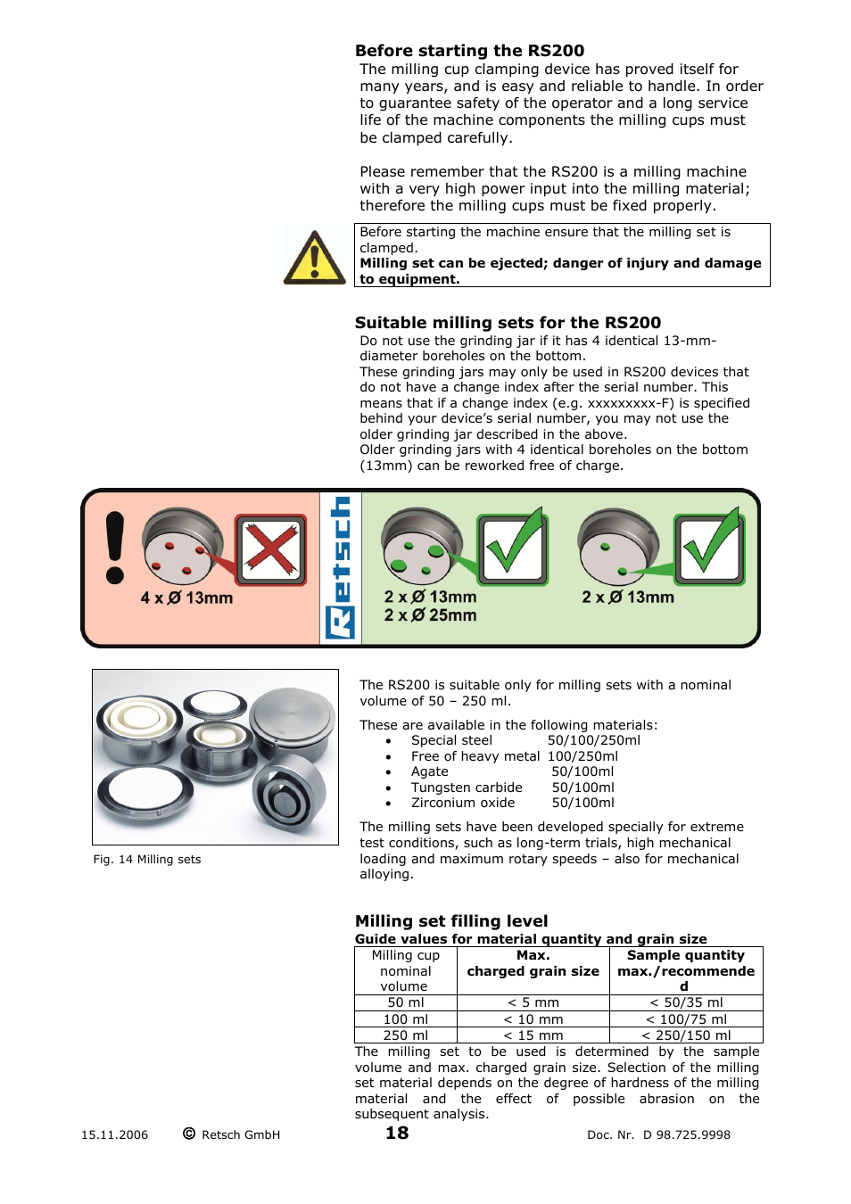 Before starting the rs200, Suitable milling sets for the rs200, Milling set filling level | Guide values for material quantity and grain size | Retsch RS 200 User Manual | Page 18 / 32