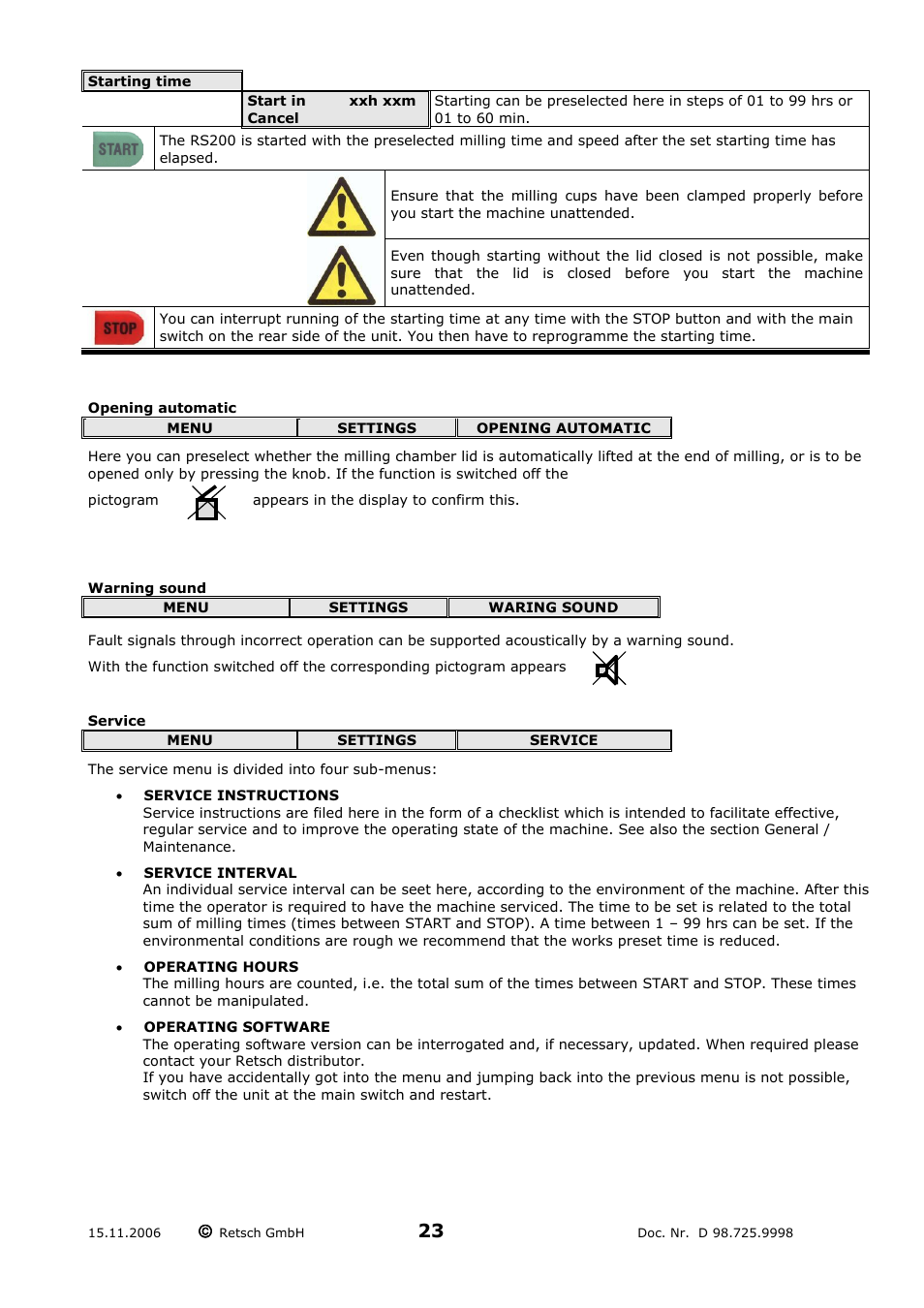 Starting time, Opening automatic, Warning sound | Service | Retsch RS 200 User Manual | Page 23 / 32