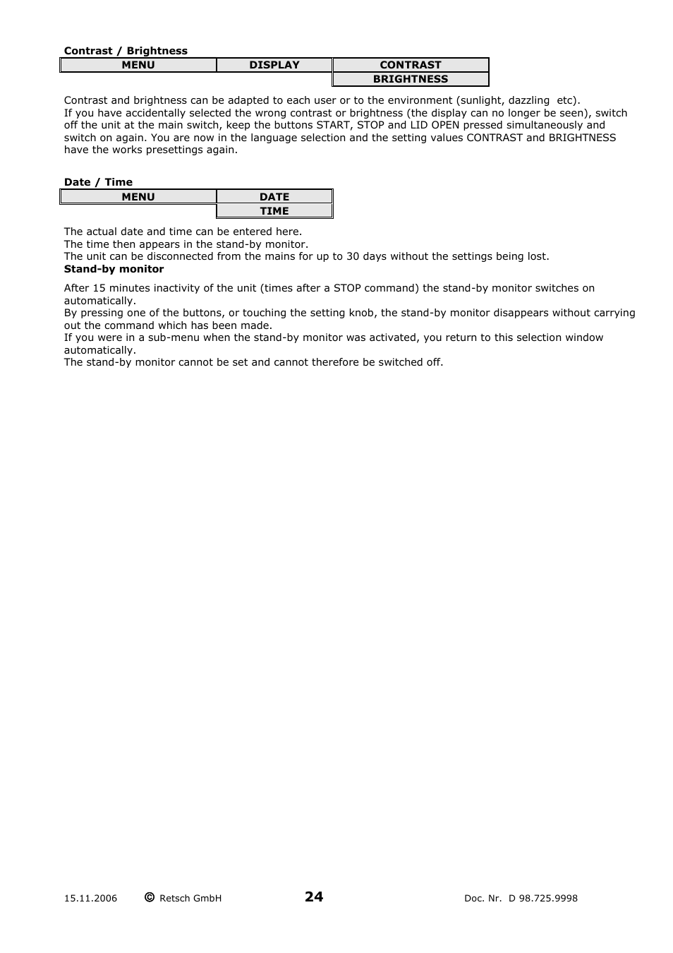 Contrast / brightness, Date / time, Stand-by monitor | Retsch RS 200 User Manual | Page 24 / 32