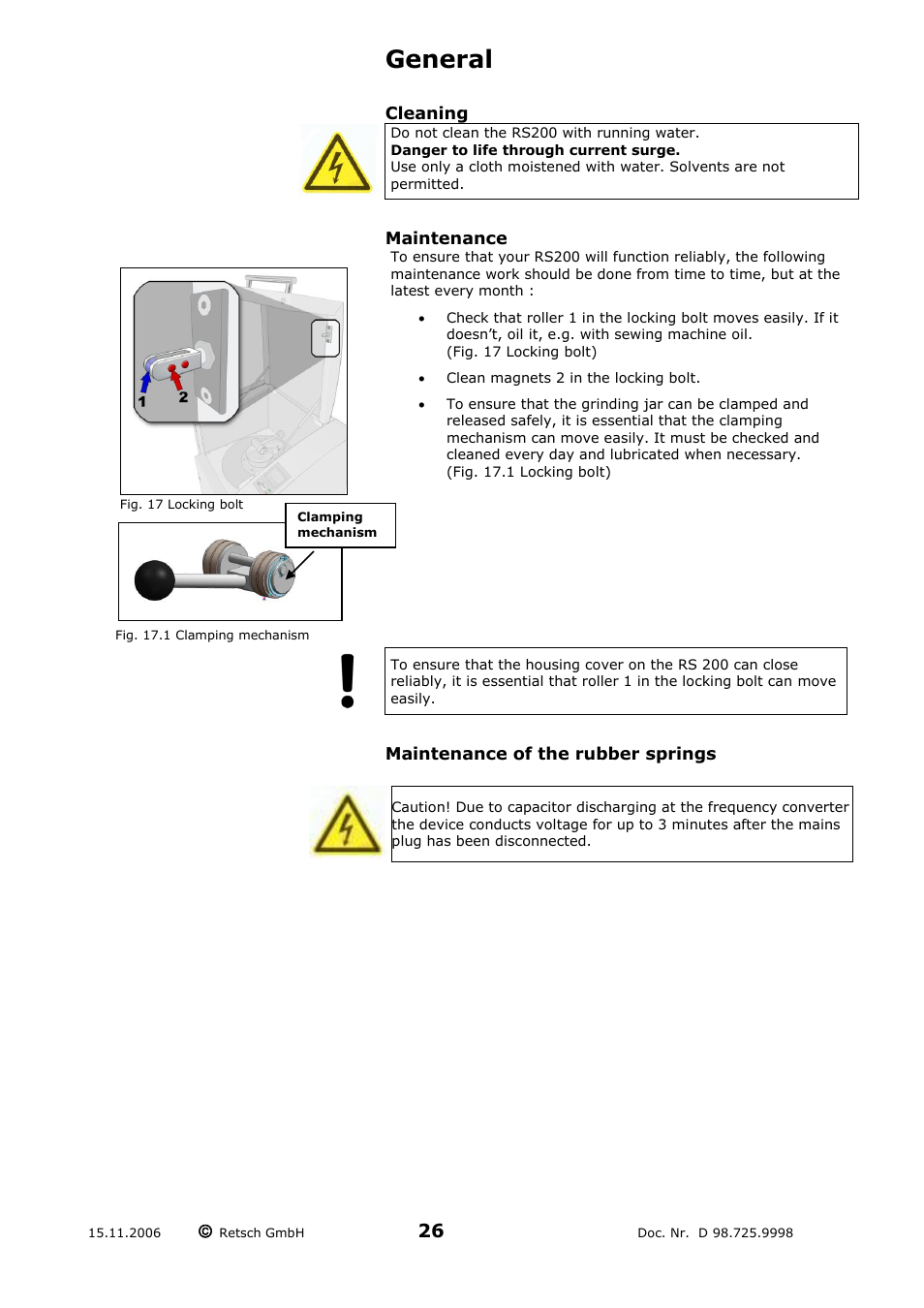 General, Cleaning, Maintenance | Maintenance of the rubber springs | Retsch RS 200 User Manual | Page 26 / 32