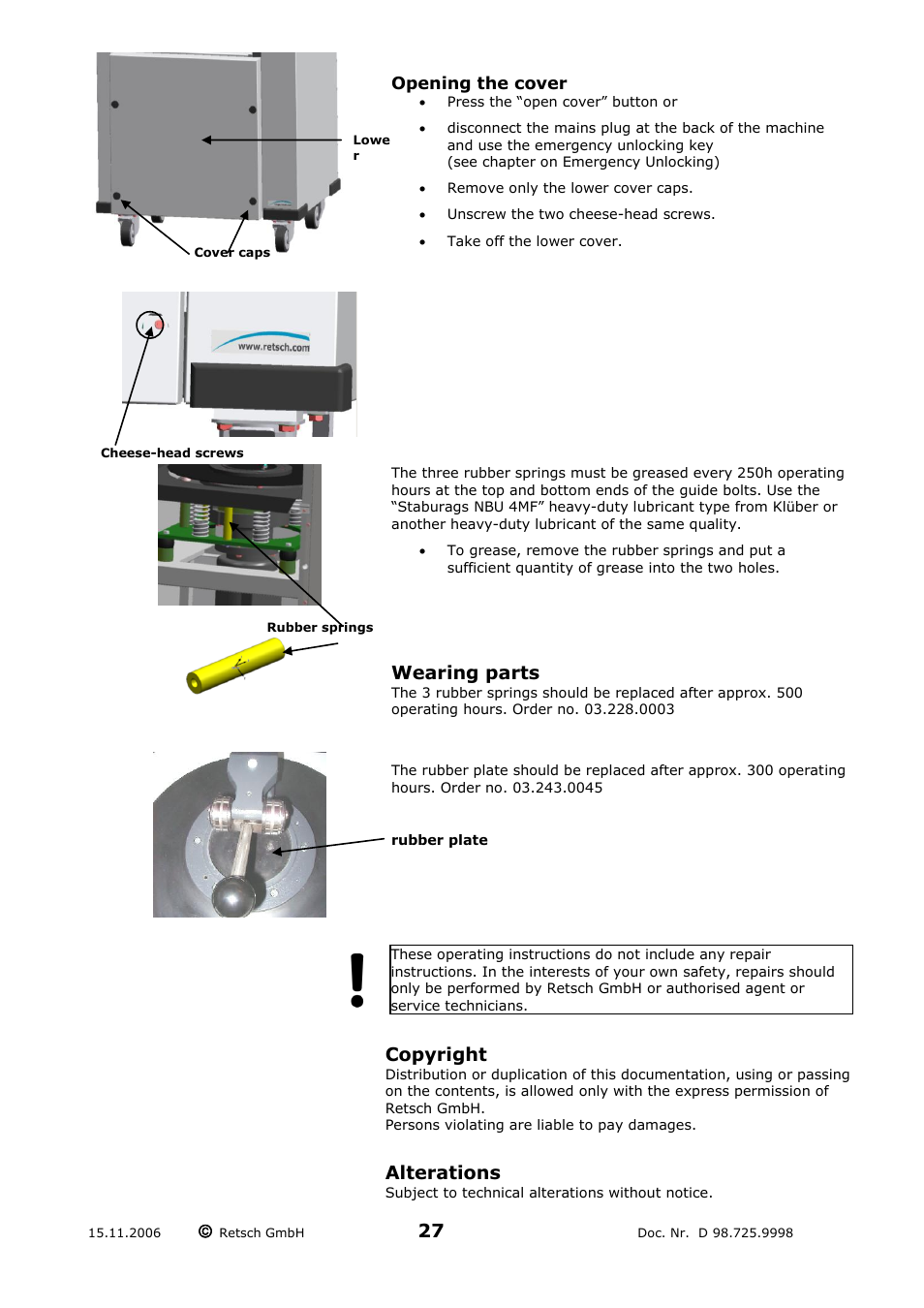 Opening the cover, Wearing parts, Copyright | Alterations | Retsch RS 200 User Manual | Page 27 / 32