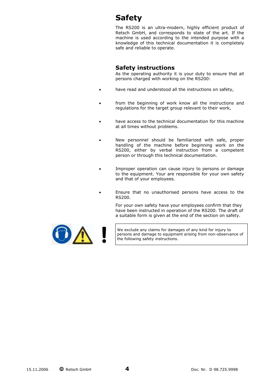 Safety, Safety instructions | Retsch RS 200 User Manual | Page 4 / 32