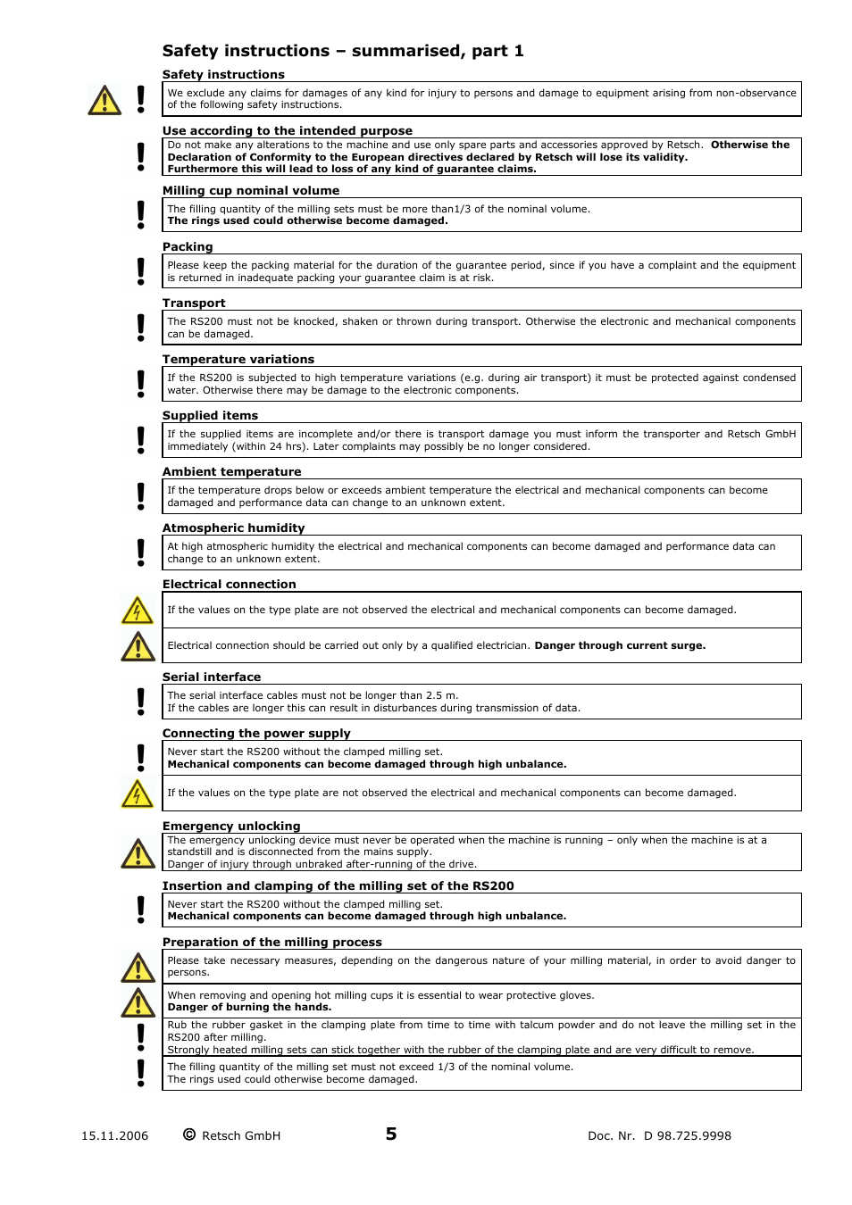 Safety instructions – summarised, part 1 | Retsch RS 200 User Manual | Page 5 / 32