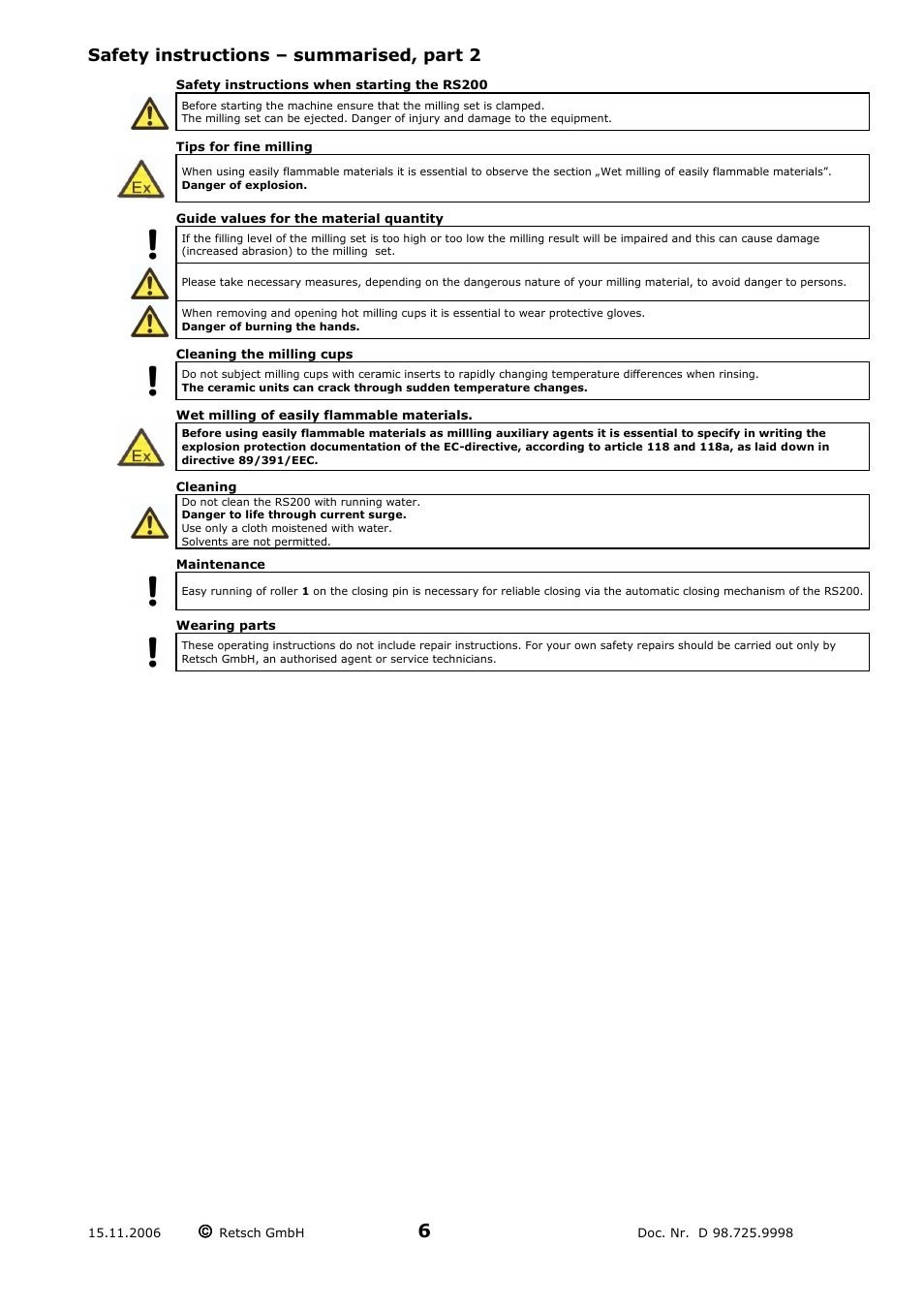 Safety instructions – summarised, part 2 | Retsch RS 200 User Manual | Page 6 / 32