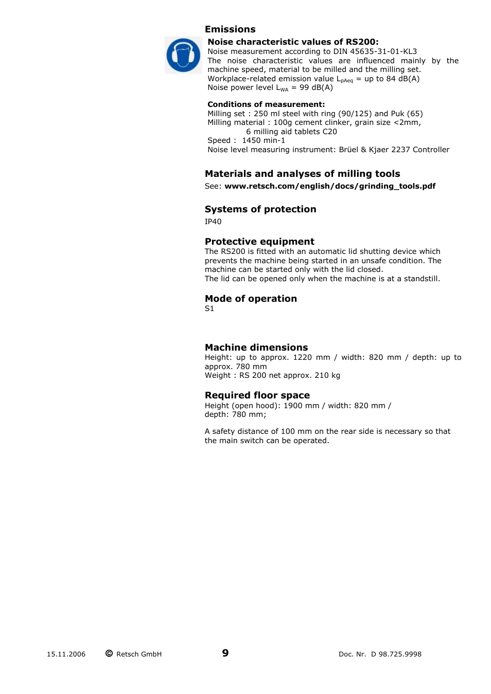 Emissions, Materials and analyses of milling tools, Systems of protection | Protective equipment, Mode of operation, Machine dimensions, Required floor space | Retsch RS 200 User Manual | Page 9 / 32