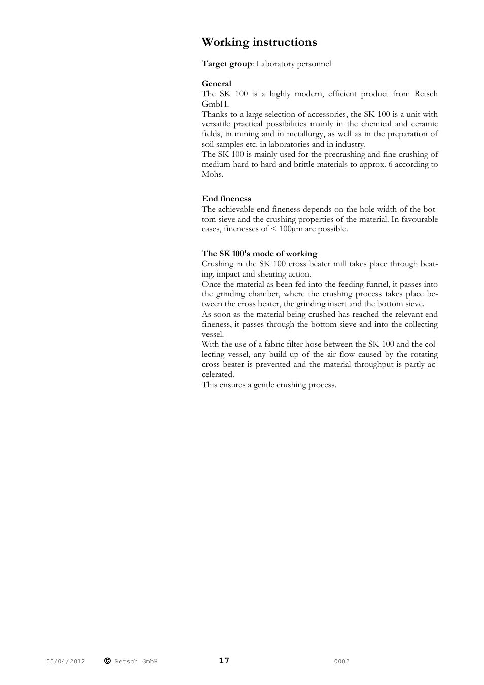 Working instructions | Retsch SK 100 User Manual | Page 17 / 24