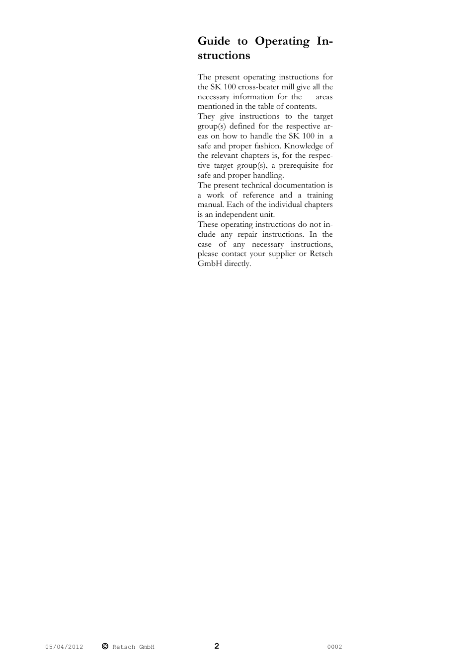 Guide to operating in- structions | Retsch SK 100 User Manual | Page 2 / 24