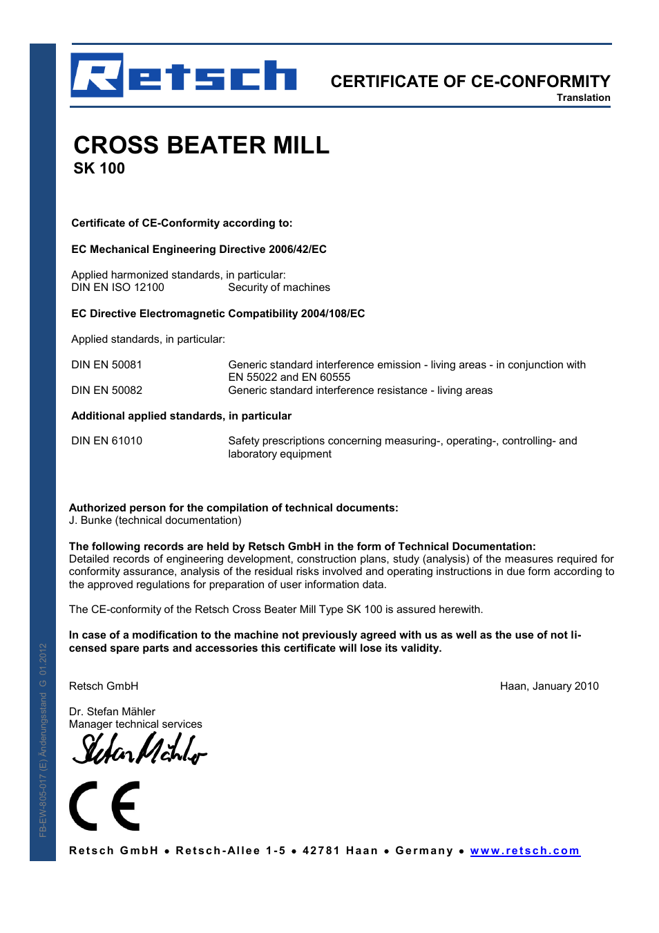 Cross beater mill, Certificate of ce-conformity, Sk 100 | Retsch SK 100 User Manual | Page 21 / 24