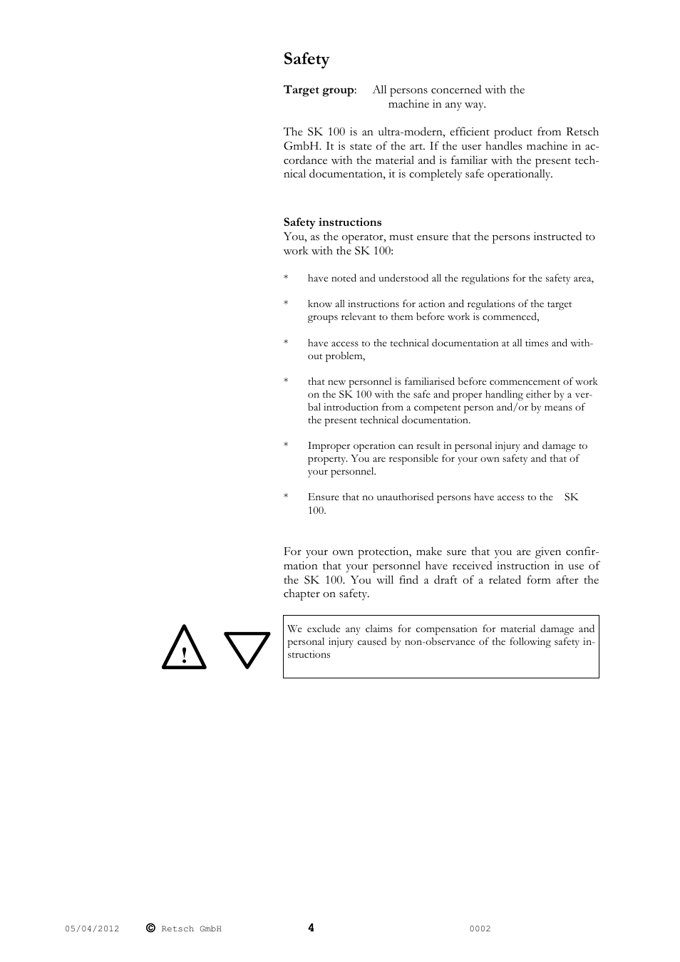 Safety | Retsch SK 100 User Manual | Page 4 / 24