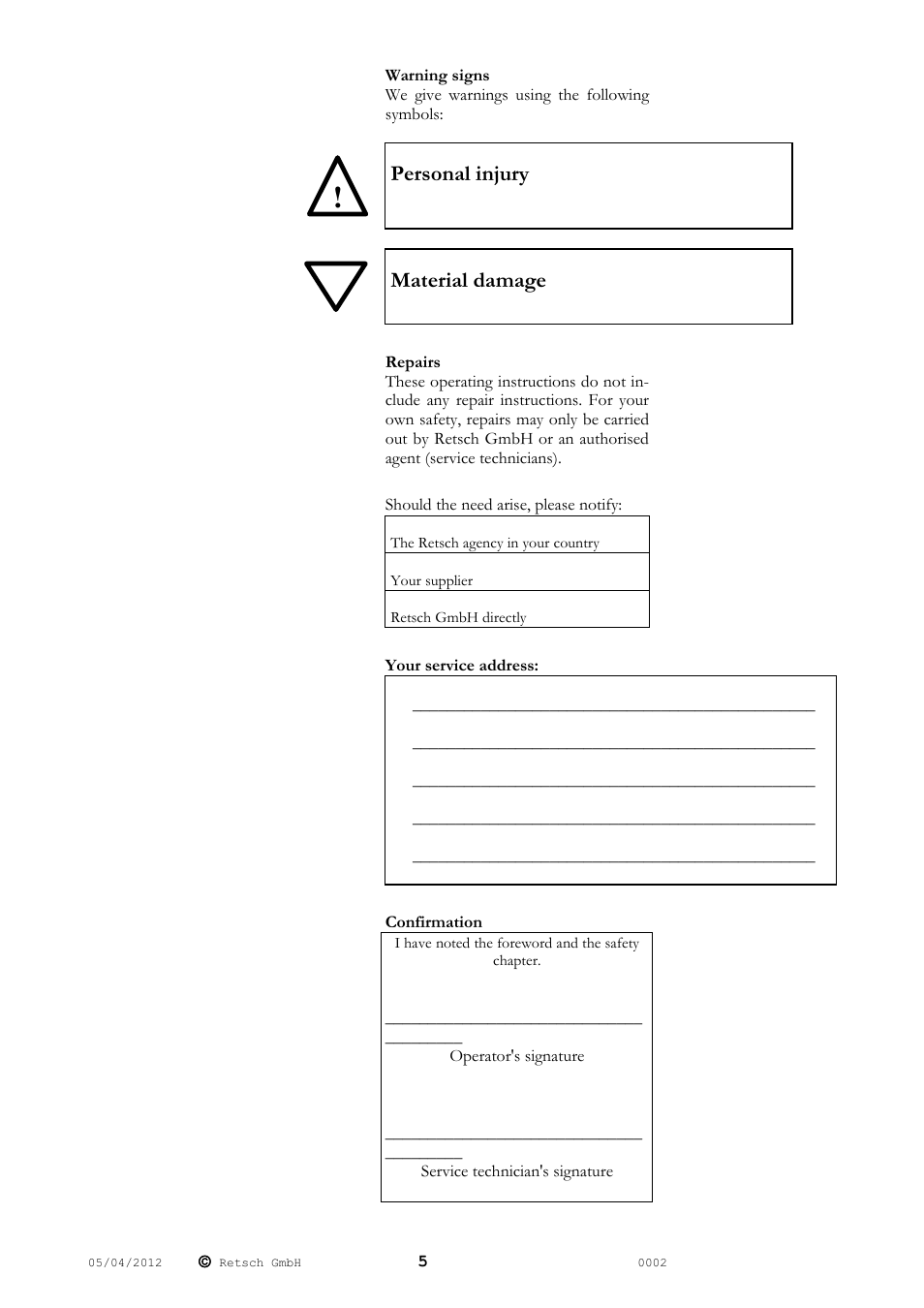 Personal injury, Material damage | Retsch SK 100 User Manual | Page 5 / 24