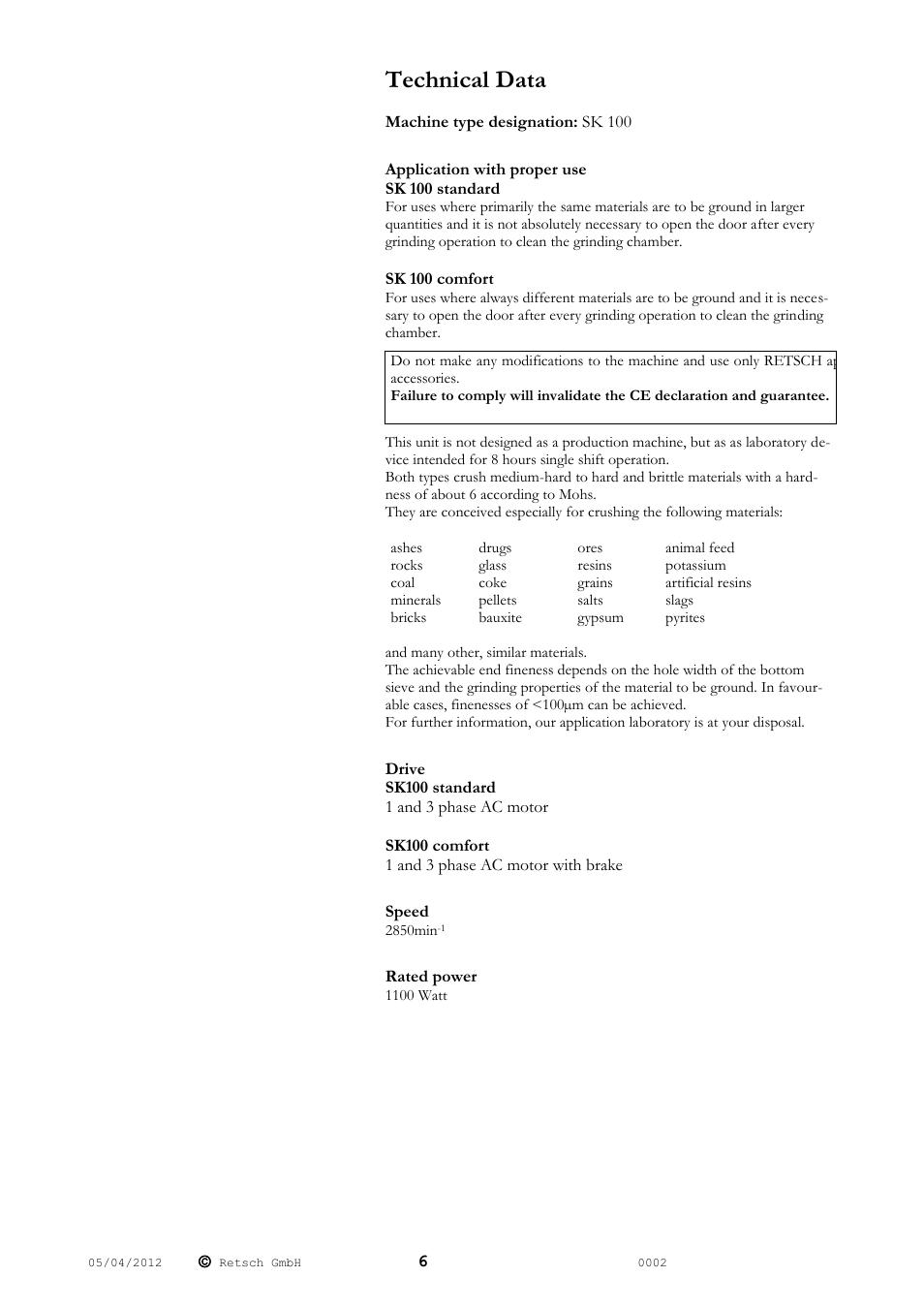 Technical data | Retsch SK 100 User Manual | Page 6 / 24