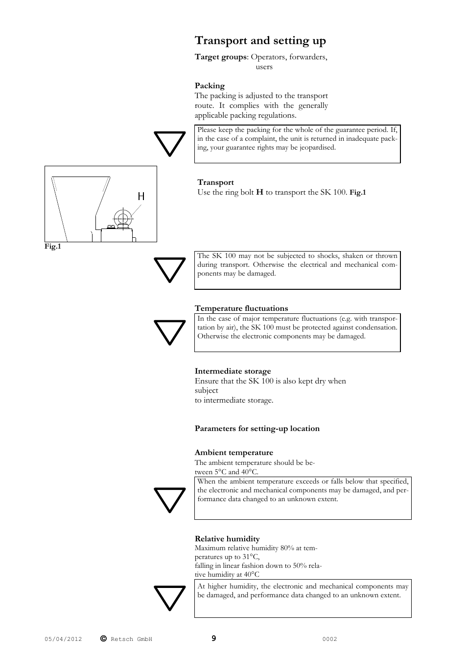 Transport and setting up | Retsch SK 100 User Manual | Page 9 / 24