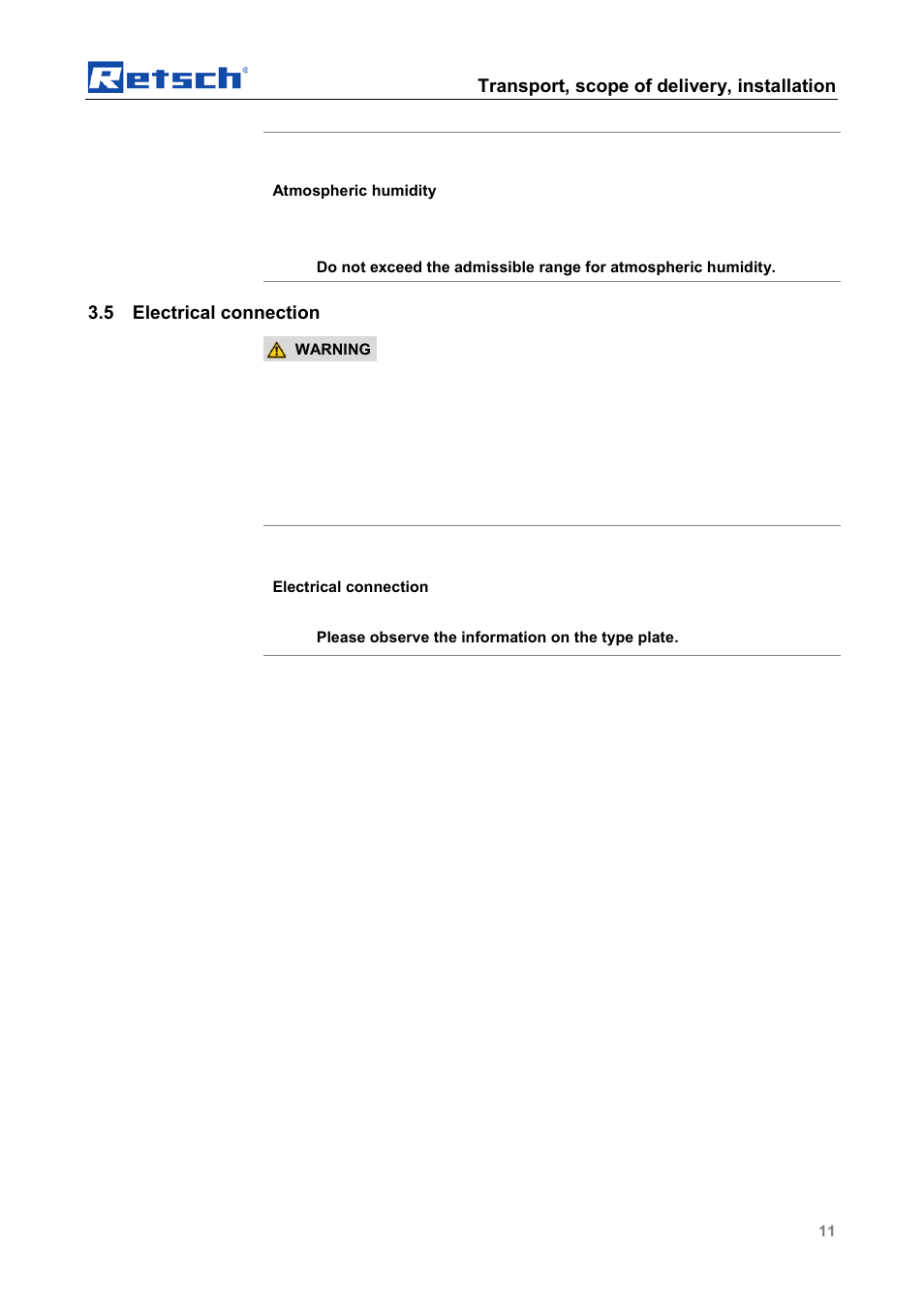Electrical connection, Transport, scope of delivery, installation, Notice | 5 electrical connection | Retsch SM 100 User Manual | Page 11 / 48
