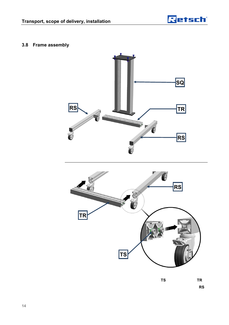 Frame assembly, Transport, scope of delivery, installation, 8 frame assembly | Retsch SM 100 User Manual | Page 14 / 48