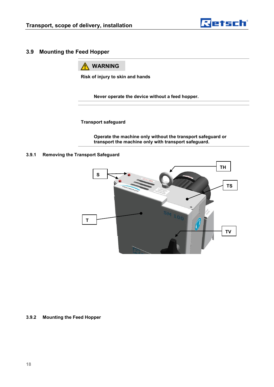 Mounting the feed hopper, Removing the transport safeguard, Transport, scope of delivery, installation | 9 mounting the feed hopper, Warning, Notice | Retsch SM 100 User Manual | Page 18 / 48