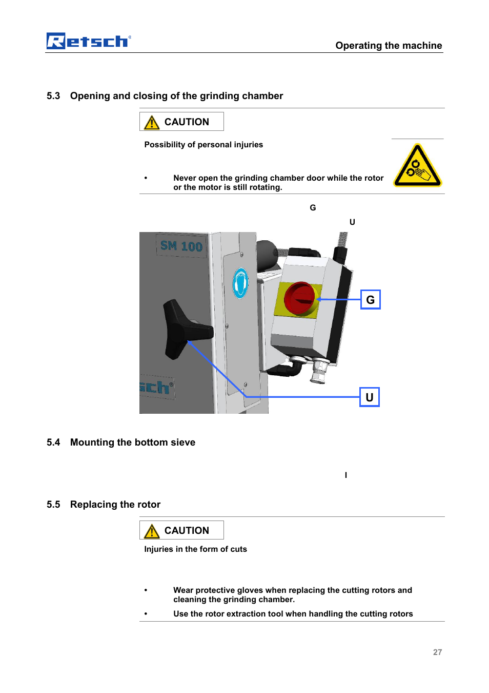 Opening and closing of the grinding chamber, Mounting the bottom sieve, Replacing the rotor | Operating the machine, 3 opening and closing of the grinding chamber, Caution, 4 mounting the bottom sieve, 5 replacing the rotor | Retsch SM 100 User Manual | Page 27 / 48