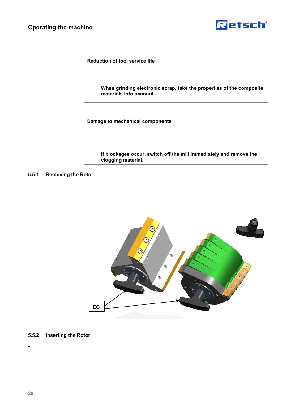 Removing the rotor, Inserting the rotor, Operating the machine | Retsch SM 100 User Manual | Page 28 / 48