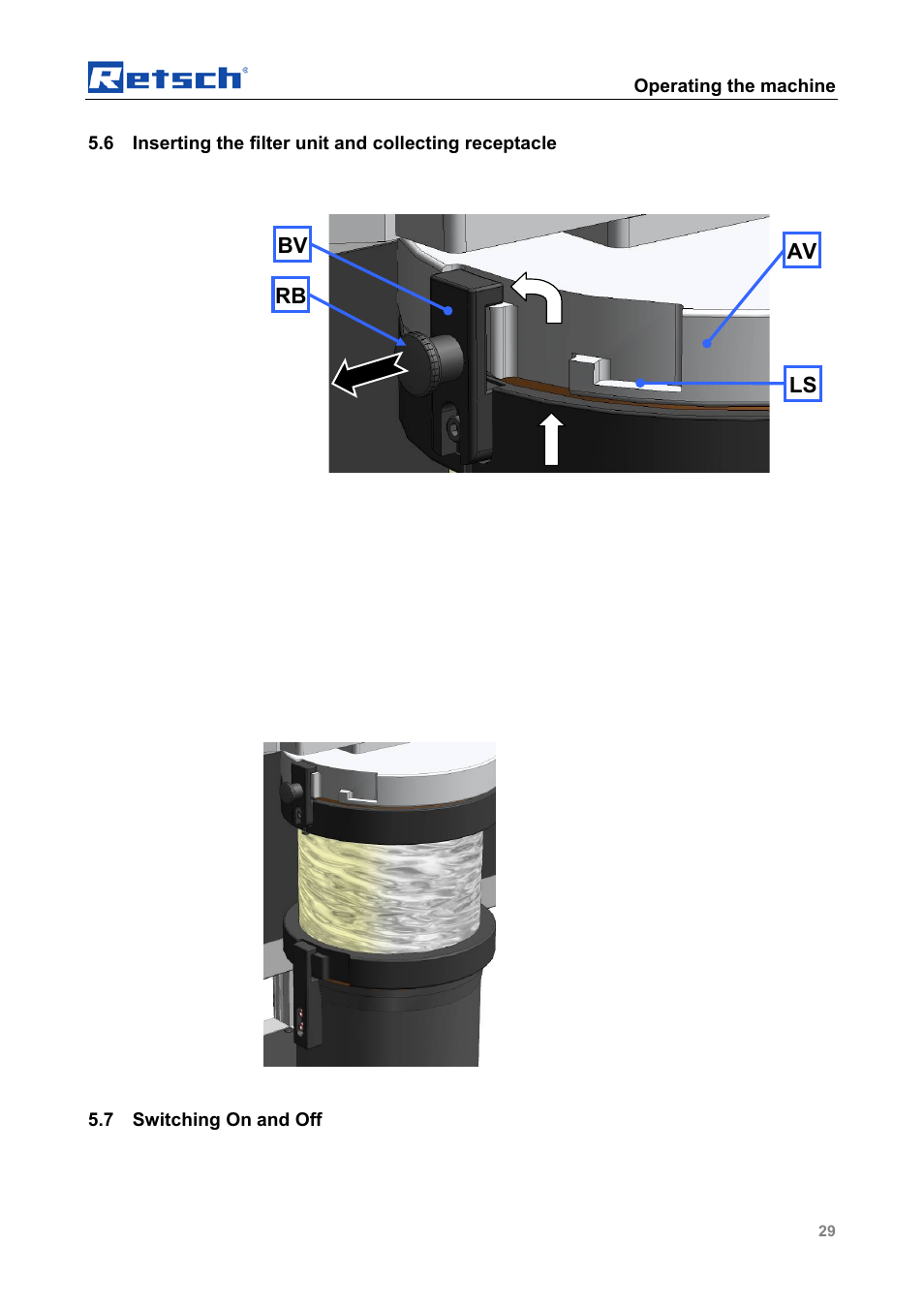 Switching on and off, Operating the machine, 7 switching on and off | Retsch SM 100 User Manual | Page 29 / 48