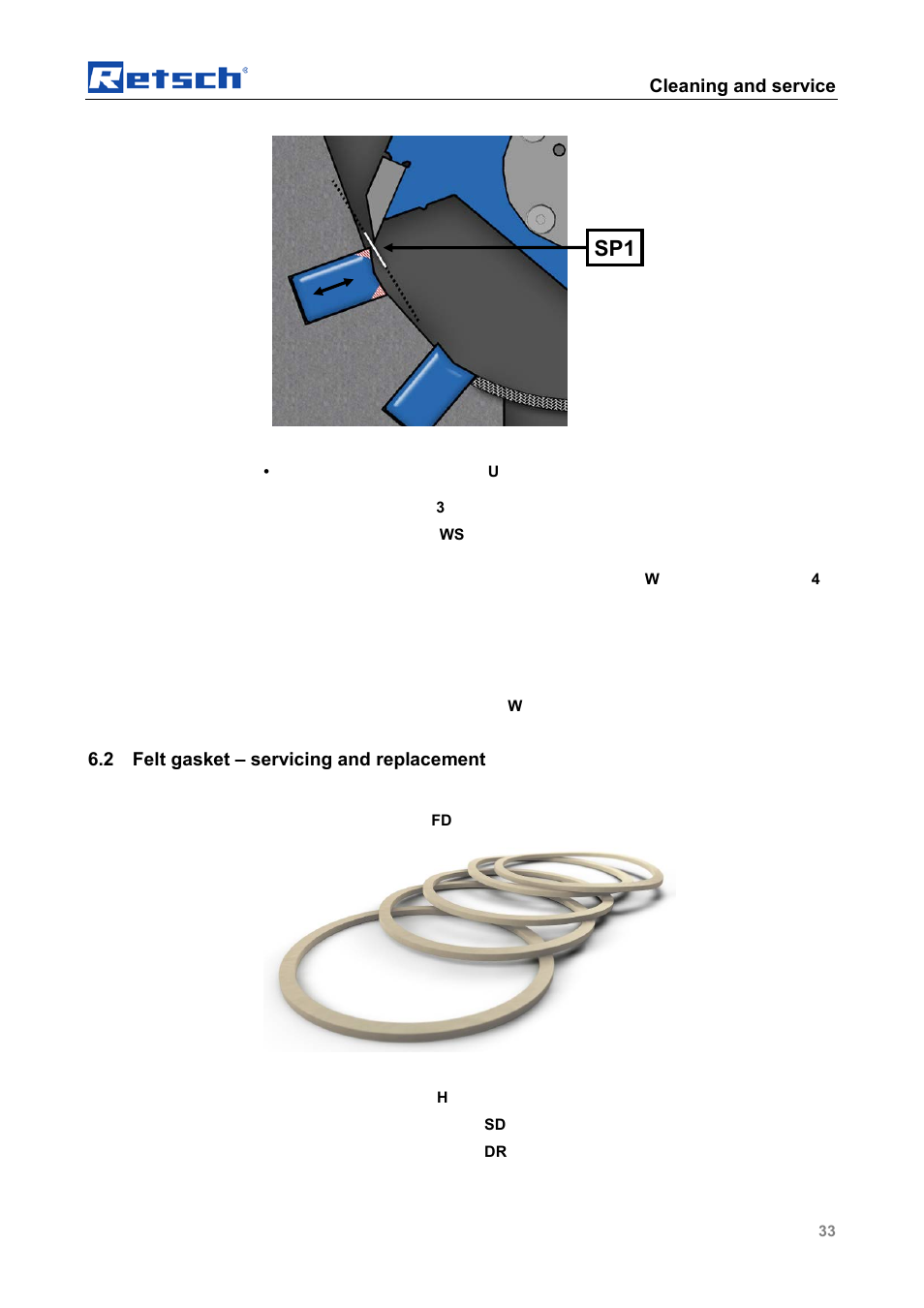 Felt gasket – servicing and replacement, Cleaning and service, 2 felt gasket – servicing and replacement | Retsch SM 100 User Manual | Page 33 / 48