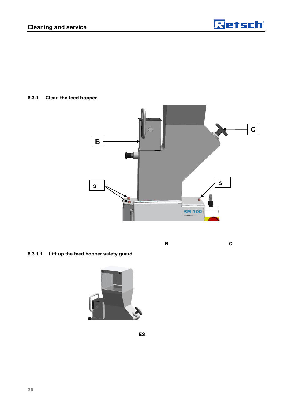 Clean the feed hopper, Lift up the feed hopper safety guard, Cleaning and service | Retsch SM 100 User Manual | Page 36 / 48