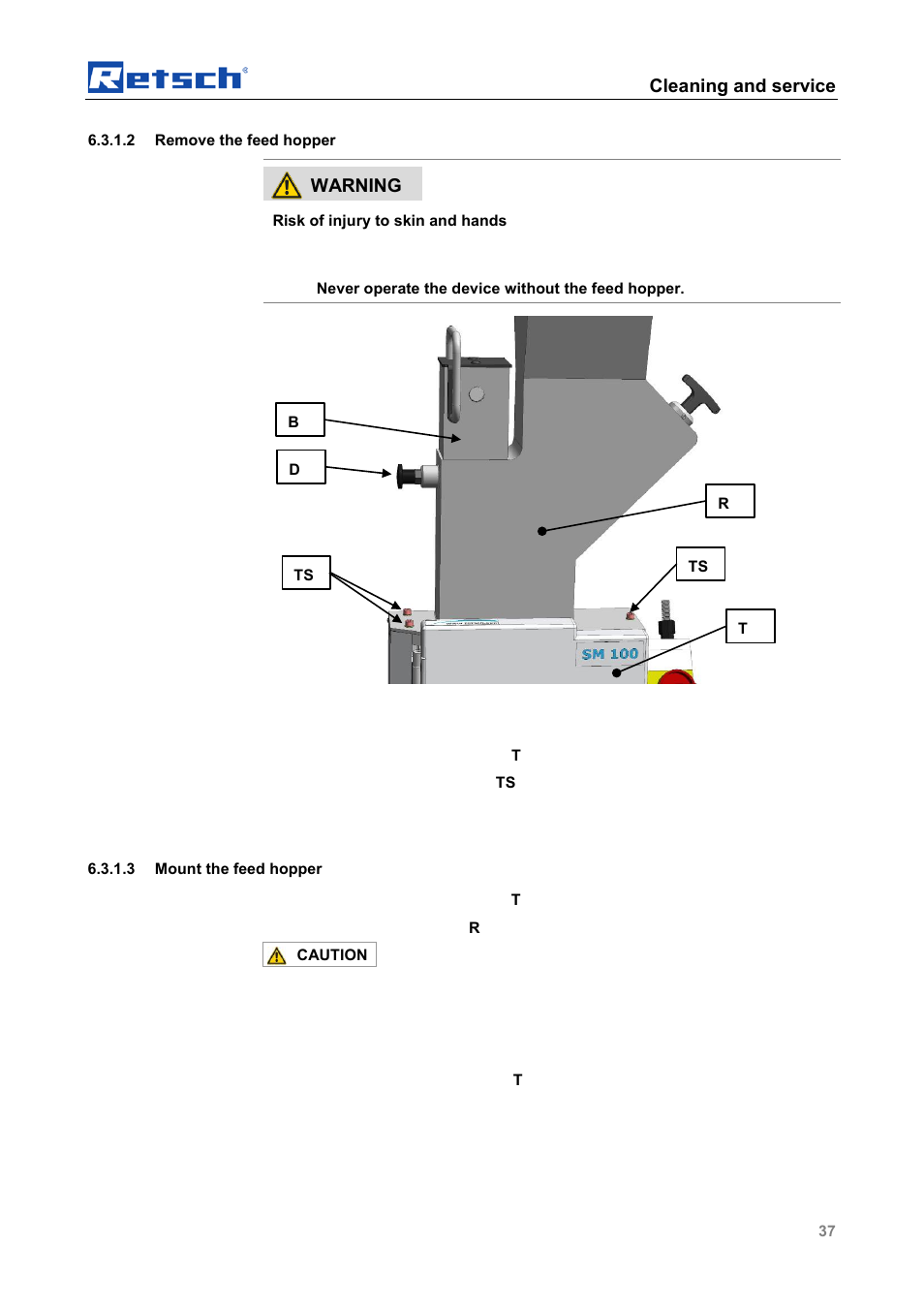 Remove the feed hopper, Mount the feed hopper, Cleaning and service | Warning | Retsch SM 100 User Manual | Page 37 / 48