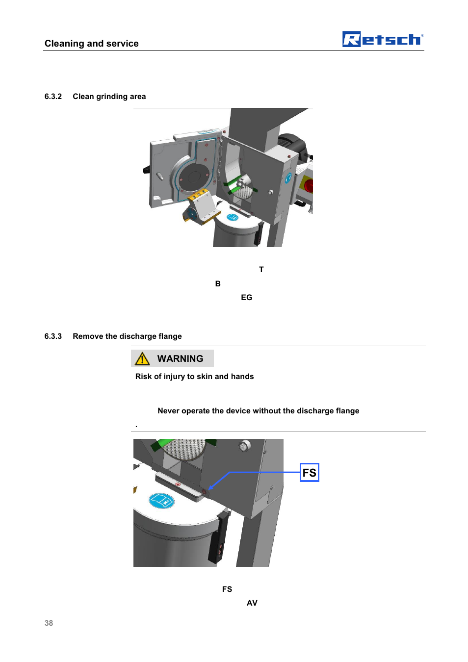 Clean grinding area, Remove the discharge flange, Cleaning and service | Warning | Retsch SM 100 User Manual | Page 38 / 48