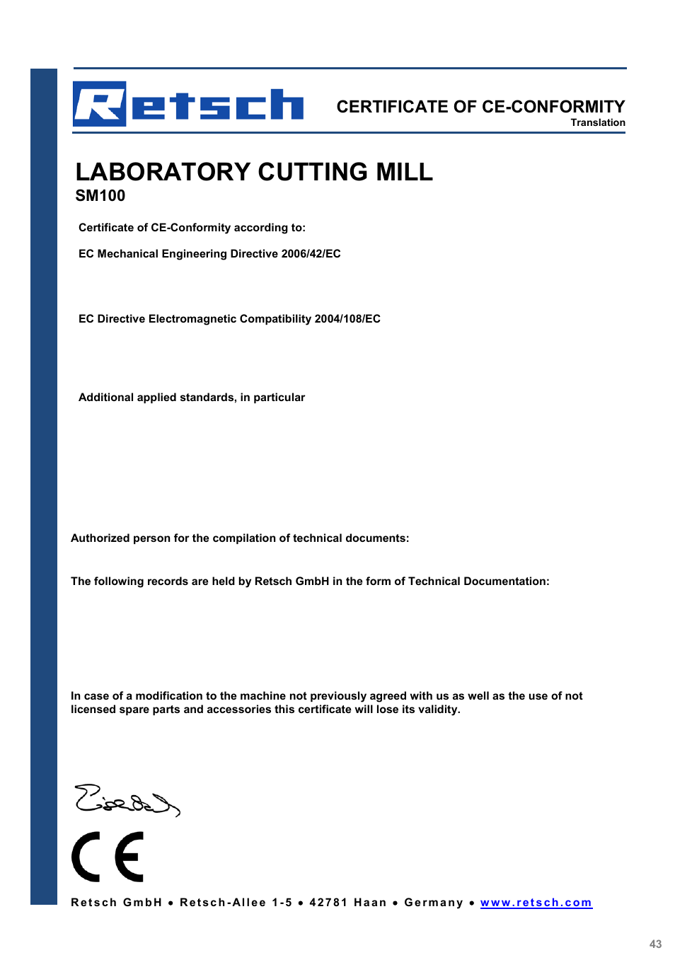 Laboratory cutting mill, Certificate of ce-conformity, Sm100 | Retsch SM 100 User Manual | Page 45 / 48