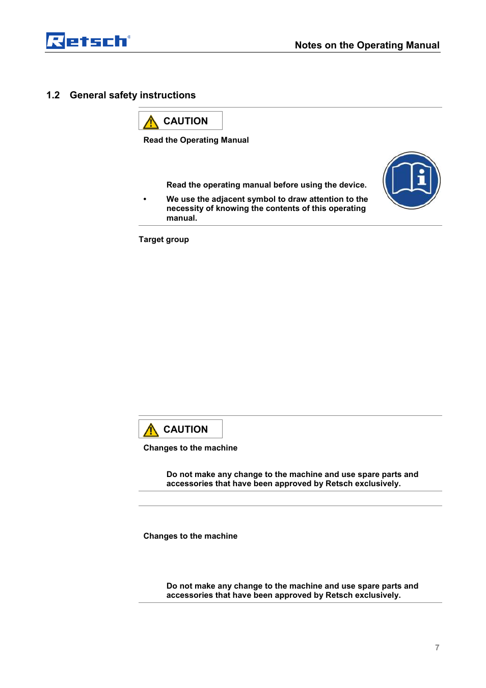 General safety instructions, 2 general safety instructions, Caution | Notice | Retsch SM 100 User Manual | Page 7 / 48