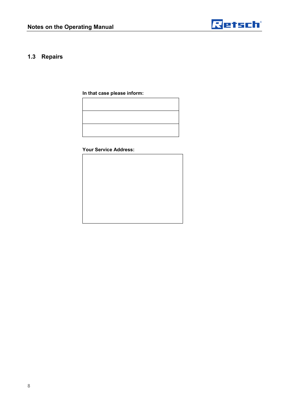 Repairs | Retsch SM 100 User Manual | Page 8 / 48