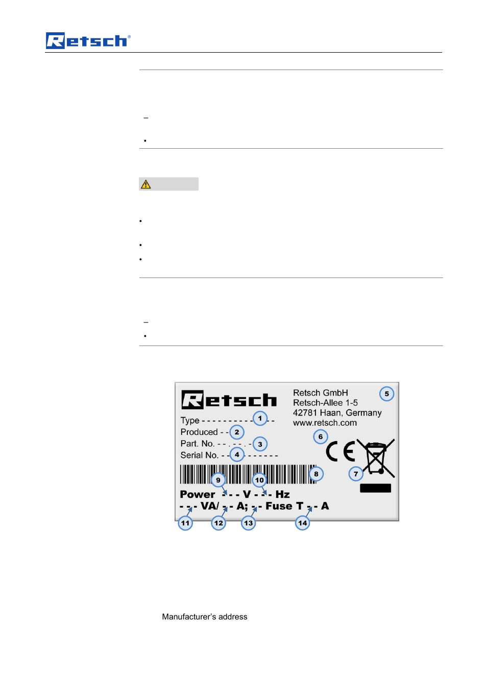 Transport, scope of delivery, installation, Notice, 5 electrical connection | 6 type plate description | Retsch SM 200 User Manual | Page 11 / 48