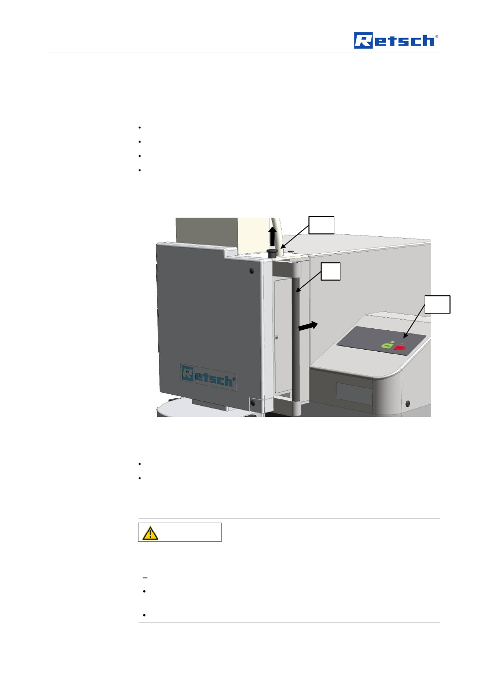 Operating the machine, 5 opening and closing of the grinding chamber, 6 mounting the bottom sieve | 7 replacing the rotor, Caution | Retsch SM 200 User Manual | Page 24 / 48