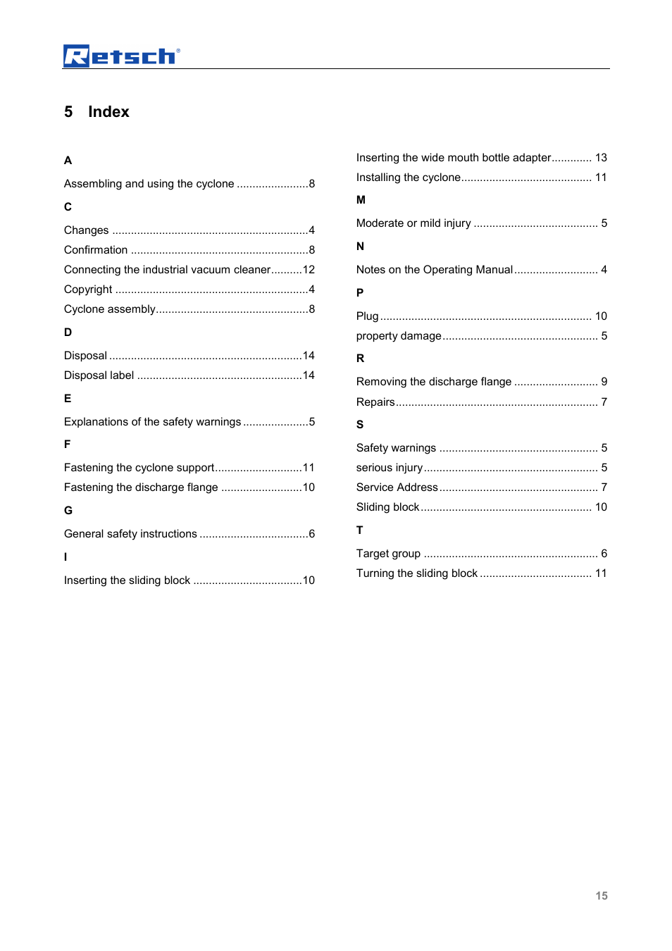 5 index | Retsch Cyclone - SM 300 User Manual | Page 15 / 20