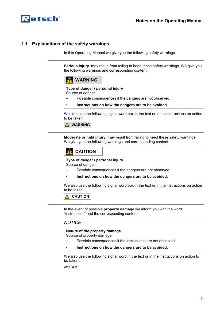 1 explanations of the safety warnings, Warning, Caution | Notice | Retsch Cyclone - SM 300 User Manual | Page 5 / 20
