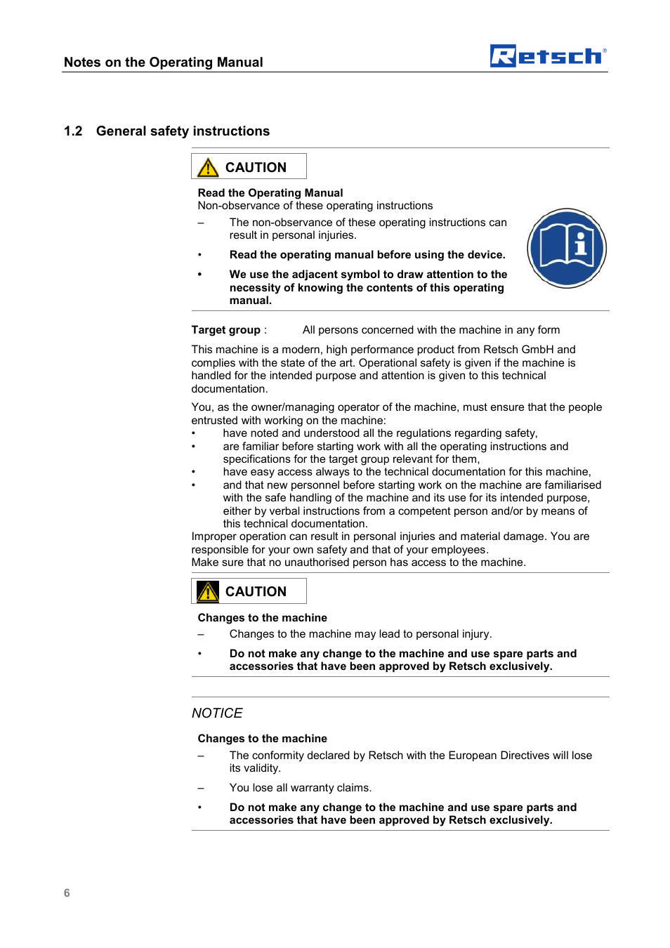 2 general safety instructions, Caution, Notice | Retsch Cyclone - SM 300 User Manual | Page 6 / 20