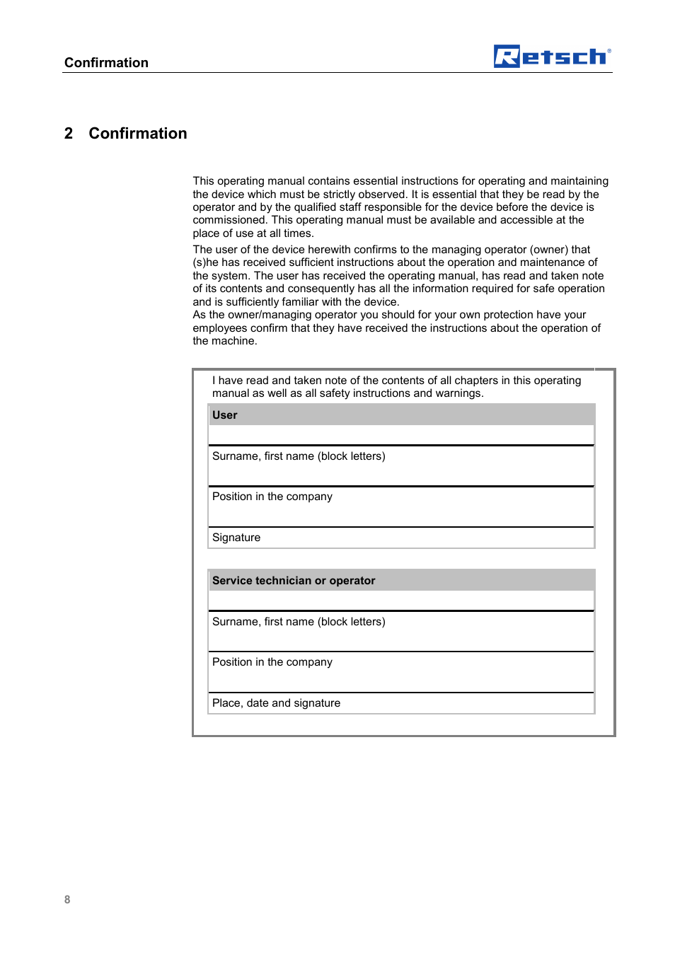 2 confirmation, Confirmation | Retsch Cyclone - SM 300 User Manual | Page 8 / 20