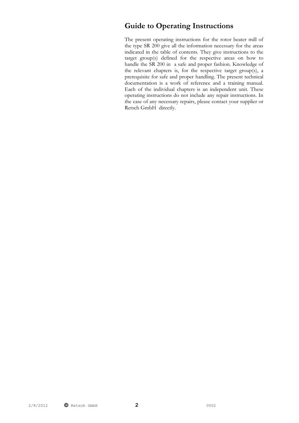 Guide to operating instructions | Retsch SR 200 User Manual | Page 2 / 24