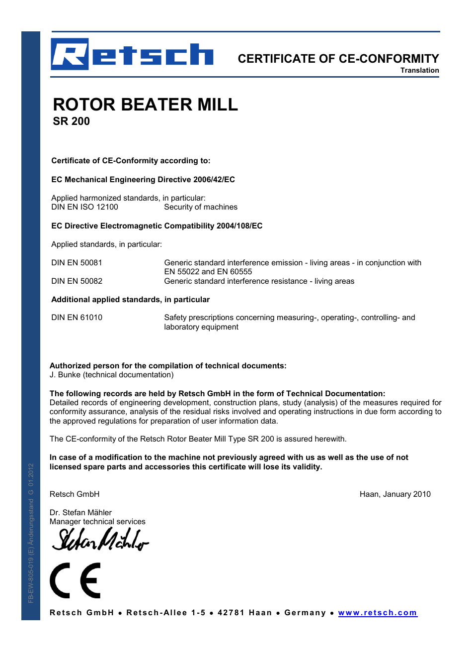 Rotor beater mill, Certificate of ce-conformity, Sr 200 | Retsch SR 200 User Manual | Page 21 / 24