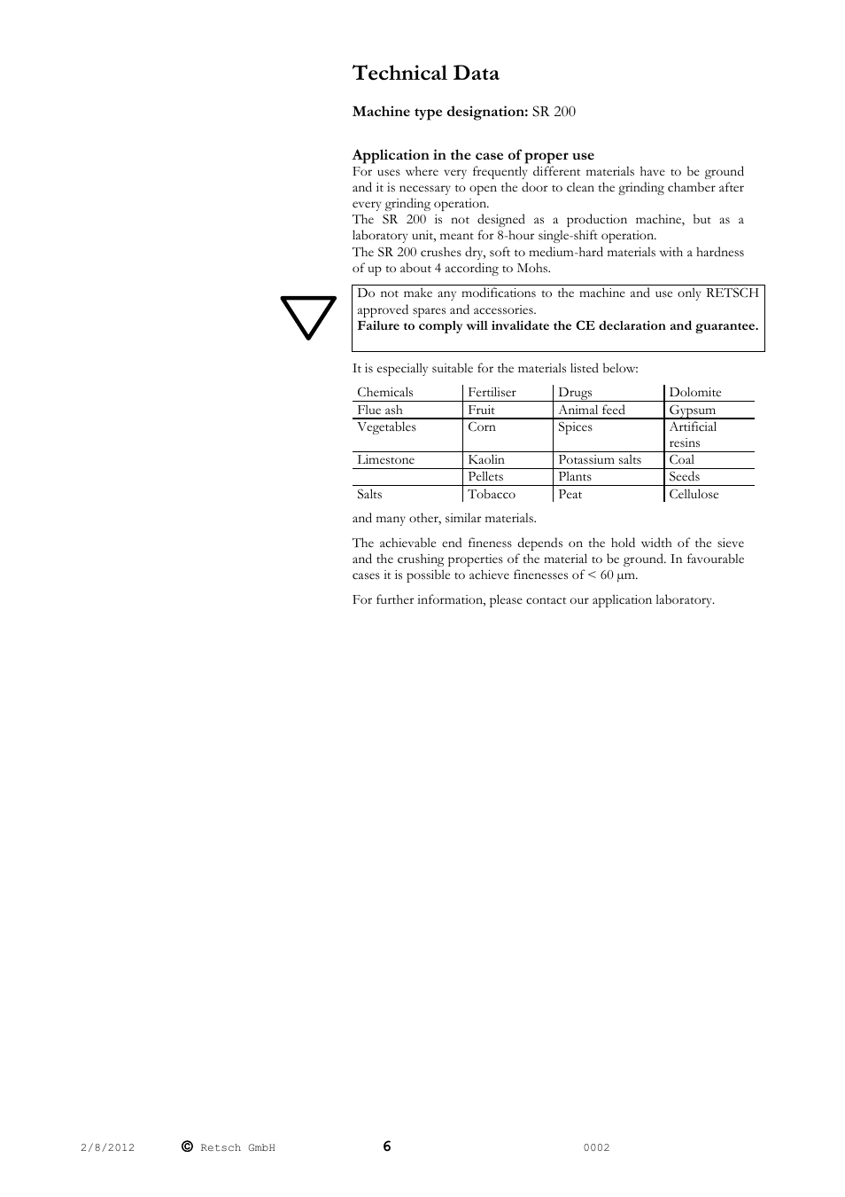 Technical data | Retsch SR 200 User Manual | Page 6 / 24