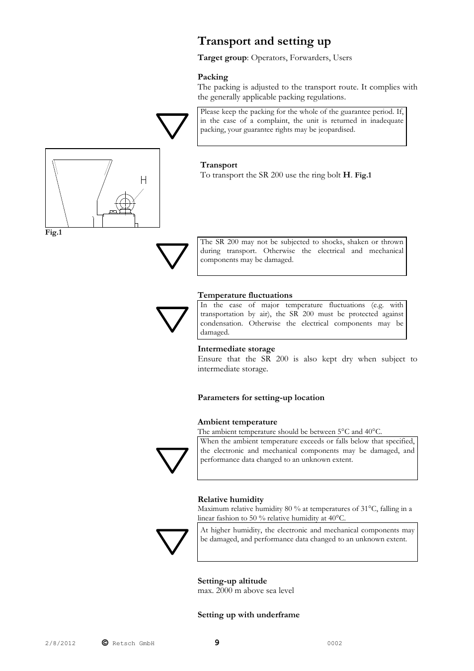 Transport and setting up | Retsch SR 200 User Manual | Page 9 / 24