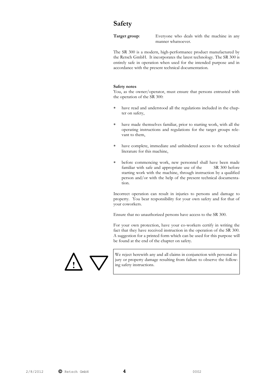 Safety | Retsch SR 300 User Manual | Page 4 / 24