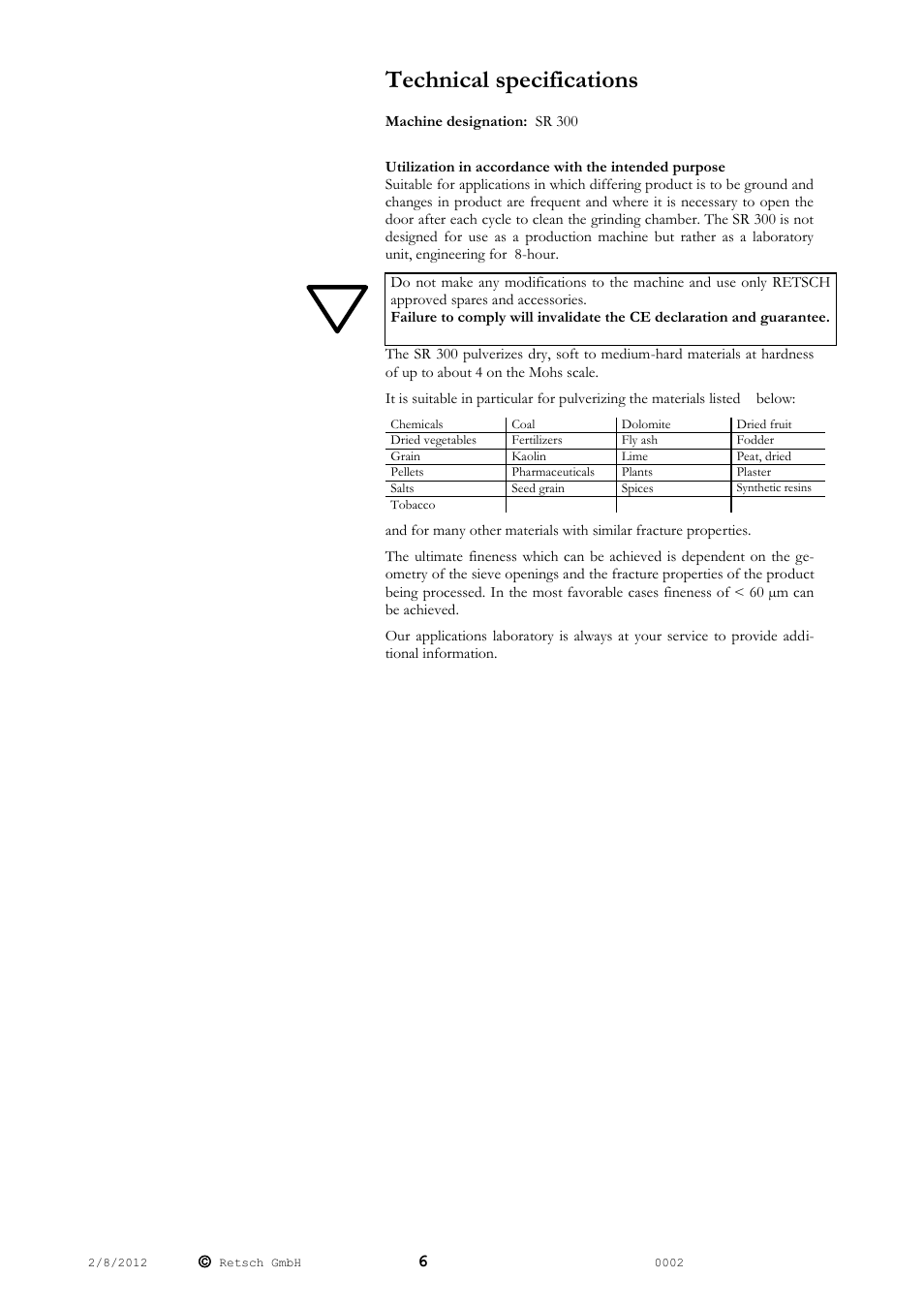 Technical specifications | Retsch SR 300 User Manual | Page 6 / 24