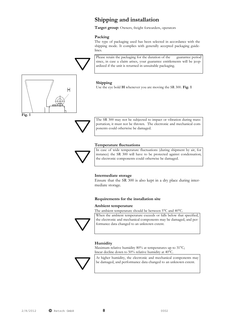 Shipping and installation | Retsch SR 300 User Manual | Page 8 / 24