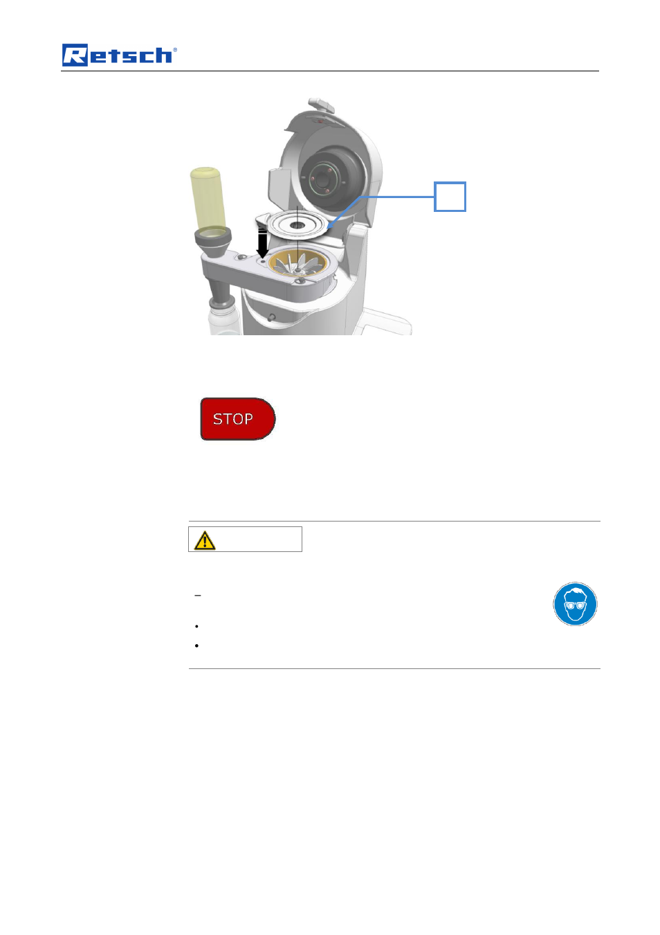 Operating the machine, 11 stopping the grinding process, 12 mounting the feed hopper | Caution | Retsch TWISTER User Manual | Page 23 / 44