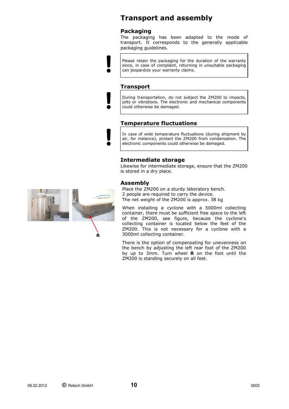 Transport and assembly | Retsch ZM 200 User Manual | Page 10 / 32