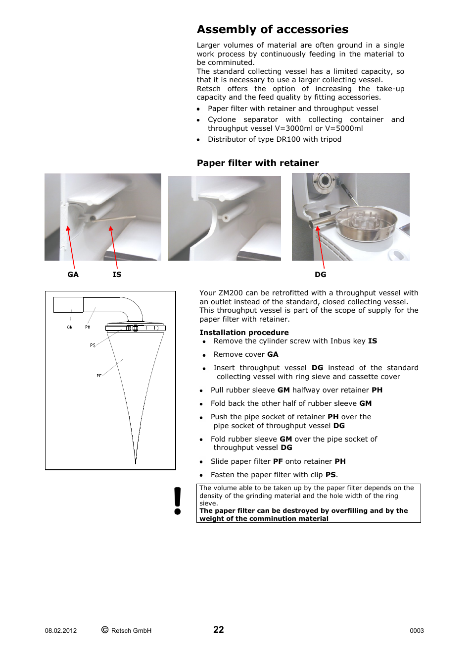 Assembly of accessories, Paper filter with retainer installation procedure | Retsch ZM 200 User Manual | Page 22 / 32